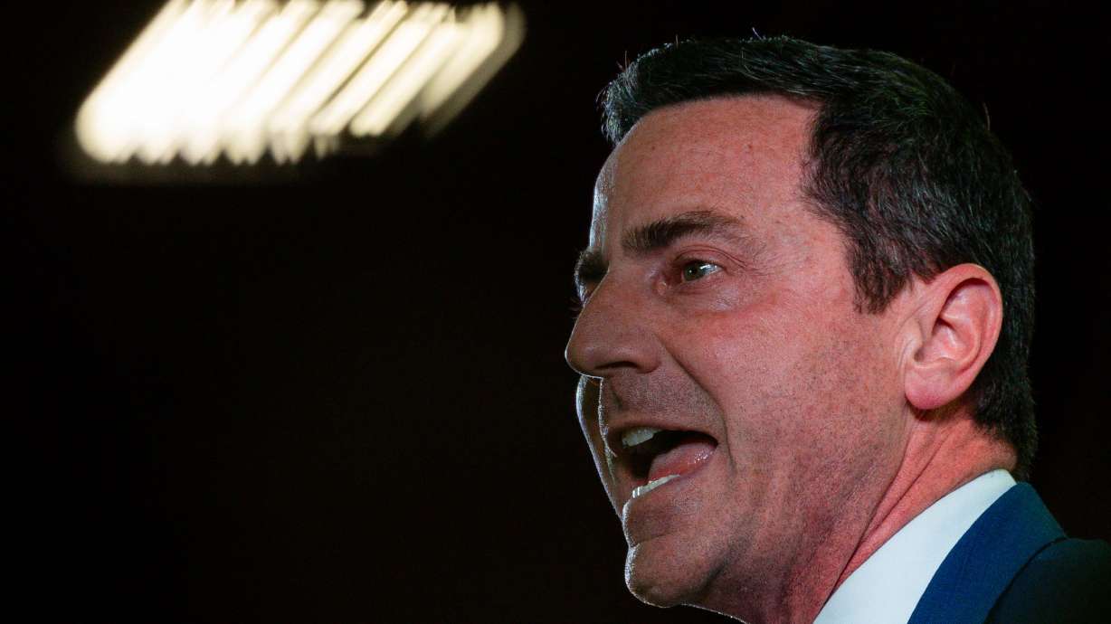 Trent Staggs, who is running for U.S. Senate, speaks at the Utah Republican Party state nominating convention at the Salt Palace Convention Center in Salt Lake City on April 27. Staggs was endorsed by Kentucky Sen. Rand Paul on Thursday.