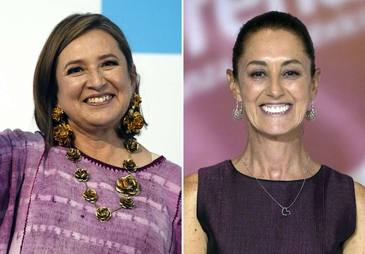 This combination photo shows the two leading candidates in Mexico's presidential race, Xochitl Gálvez, left, and Claudia Sheinbaum. Voting culminates June 2.