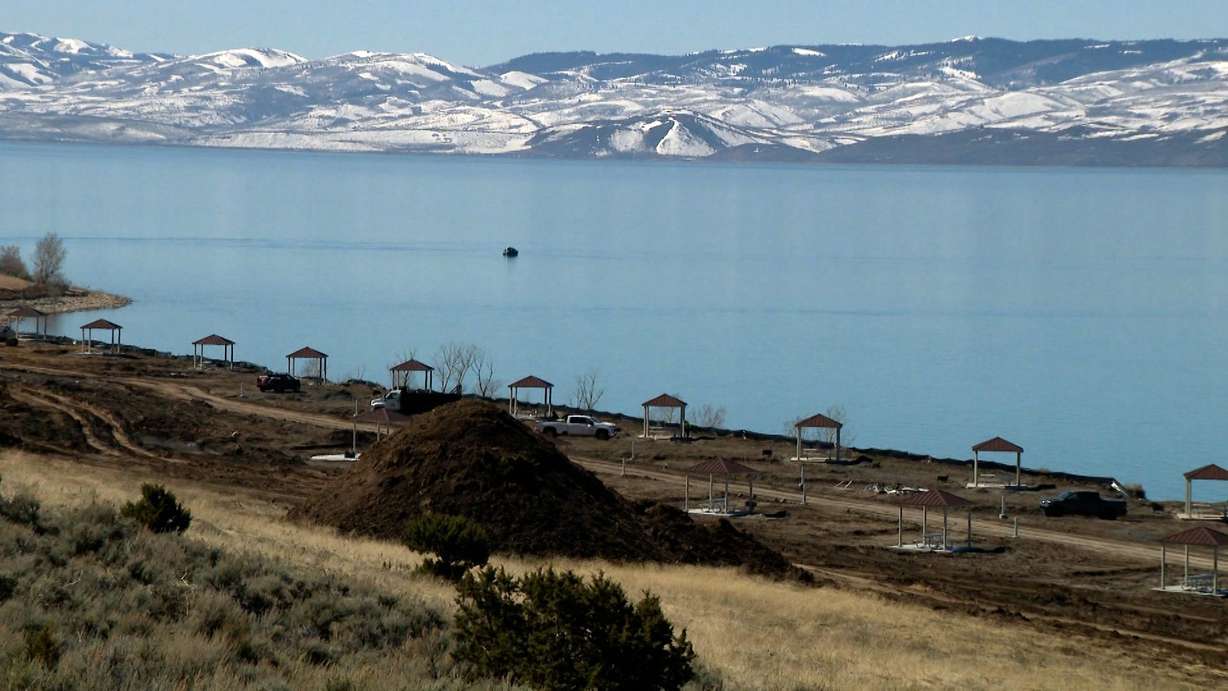 The renovated Rainbow Cove campsite on the Utah side of Bear Lake photographed on Friday. The popular summer vacation spot will have much less beach room this holiday weekend because water levels are so high.
