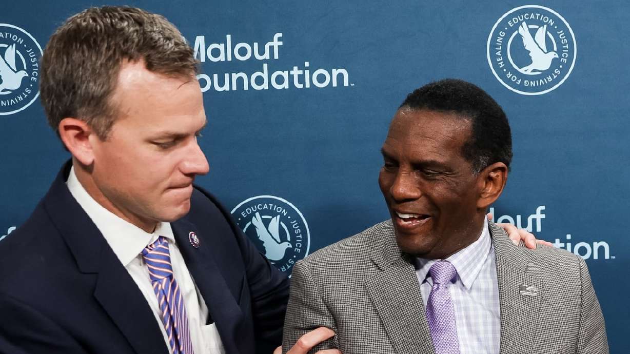 Rep. Blake Moore, R-Utah, and Rep. Burgess Owens, R-Utah, chat at an event in Logan on April 17, 2021. Moore and Owens’ offices were recognized for constituent services and workplace environment.