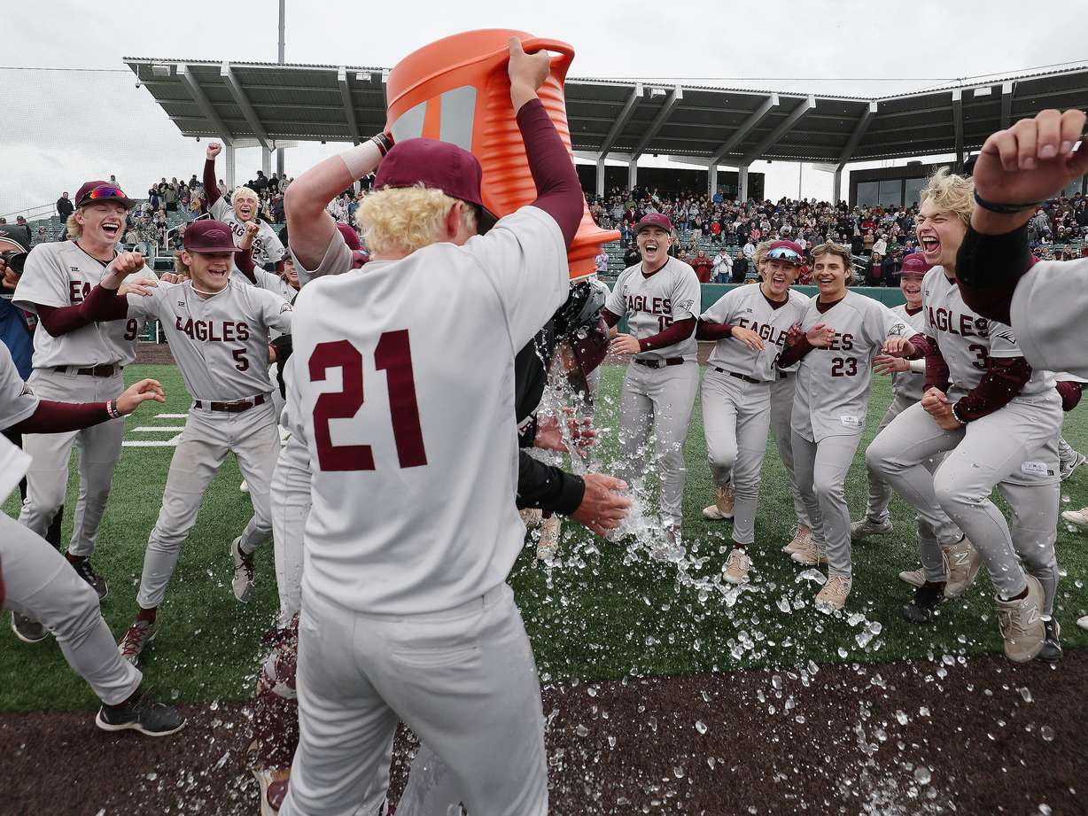 Maple Mountain celebrates its win over Brighton in the 5A baseball state championship at UVU in Orem on Saturday, May 25, 2024.