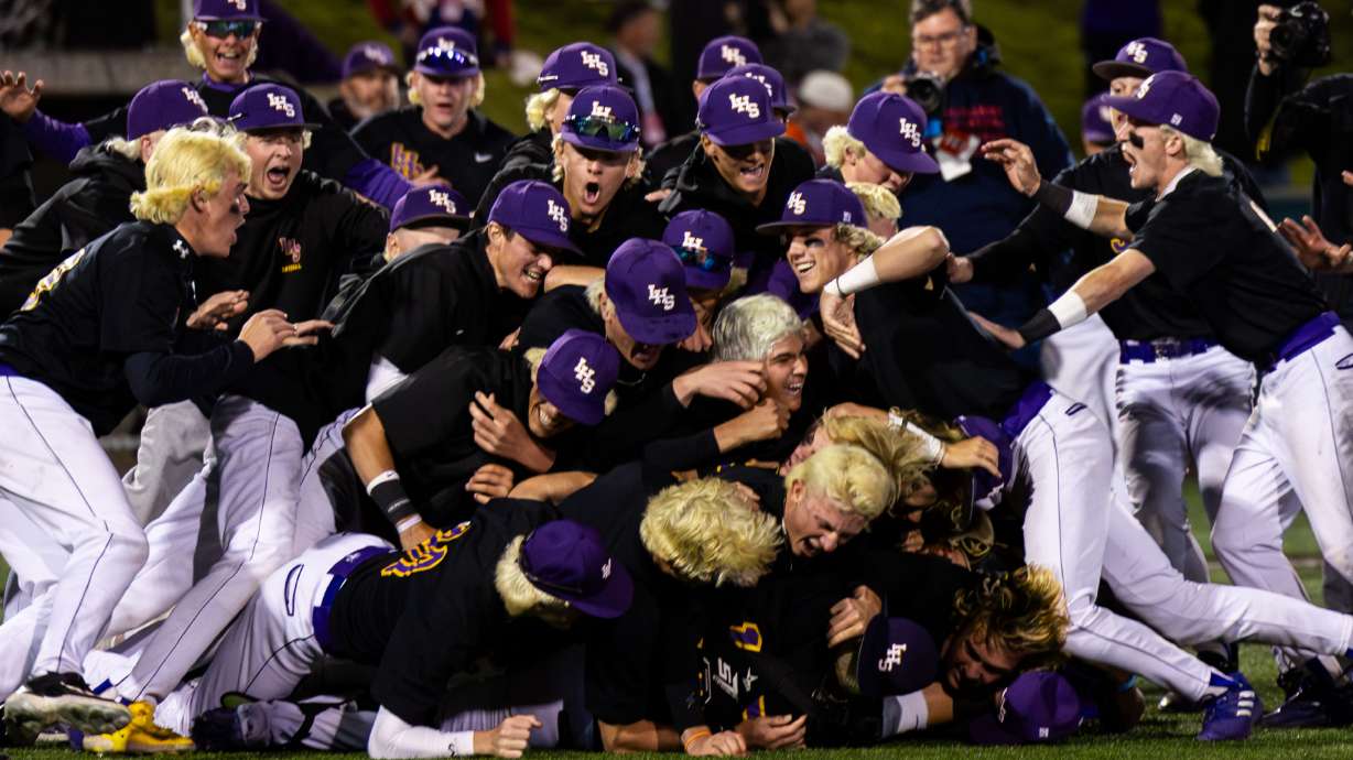 Lehi celebrates their win over Corner Canyon in the third game to claim the 6A high school baseball state championship at the UCCU Ballpark in Orem on Saturday, May 25, 2024.