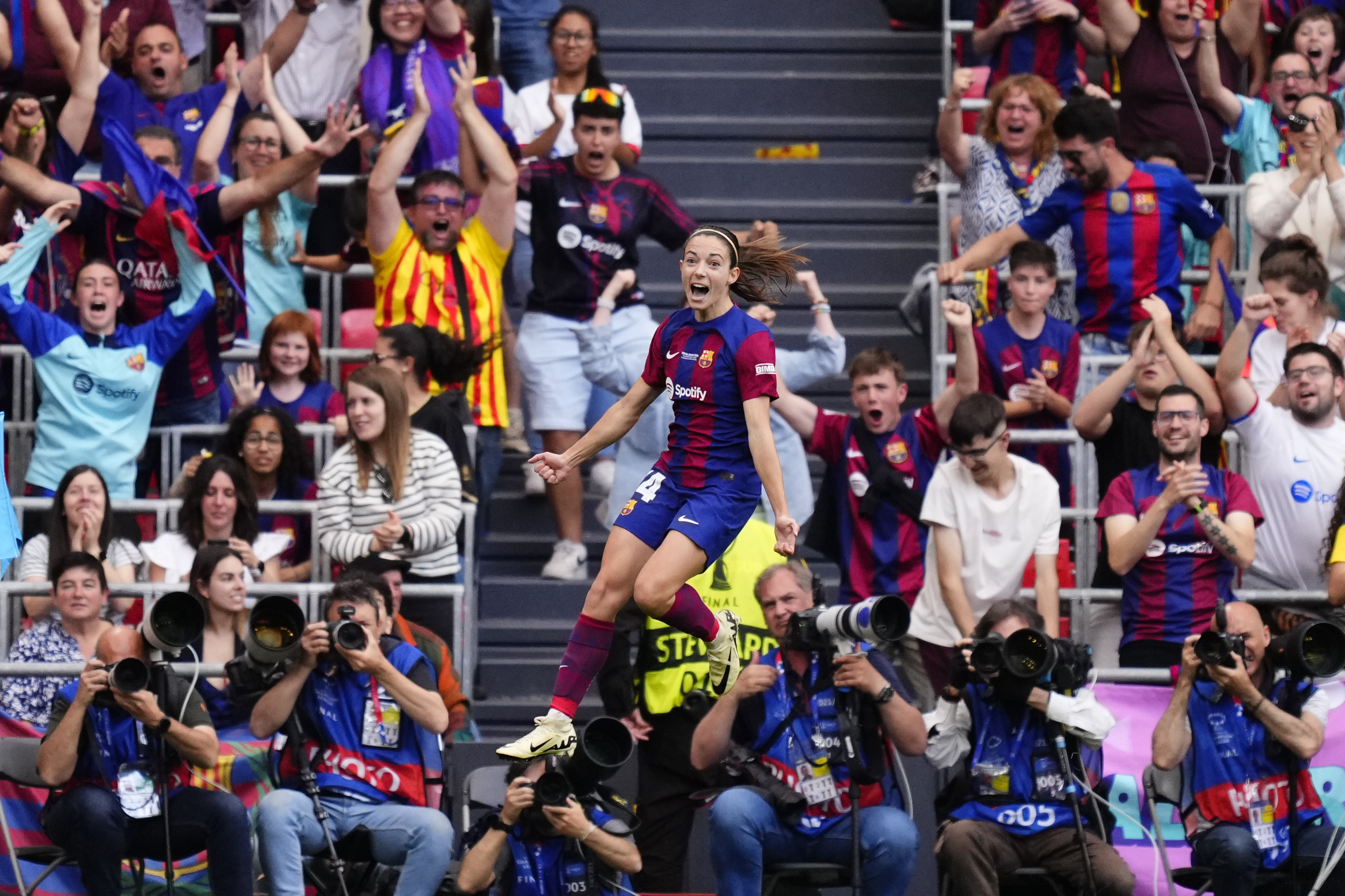 Barcelona's Aitana Bonmati celebrates scoring her side's first goal during the women's Champions League final soccer match between FC Barcelona and Olympique Lyonnais at the San Mames stadium in Bilbao, Spain, Saturday, May 25, 2024.