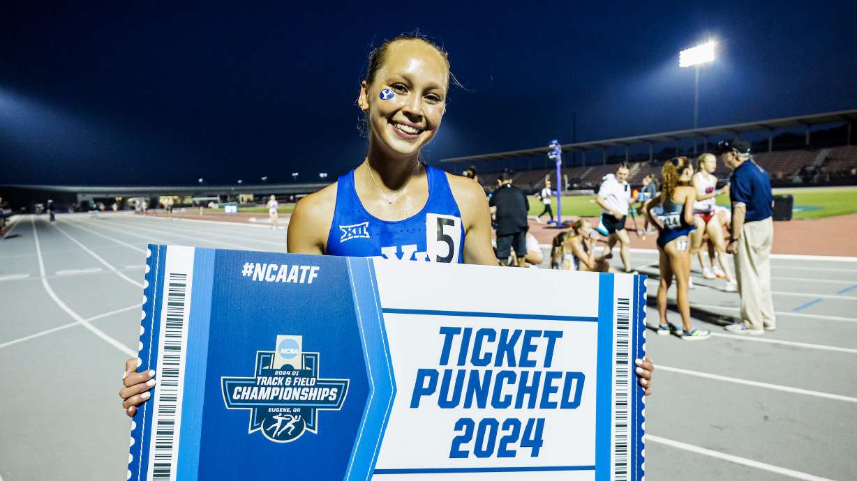BYU distance runner Jenna Hutchins after qualifying for the NCAA outdoor championships in the 10,000-meter run at the NCAA West preliminaries in Fayetteville, Arkansas, May 24, 2024.
