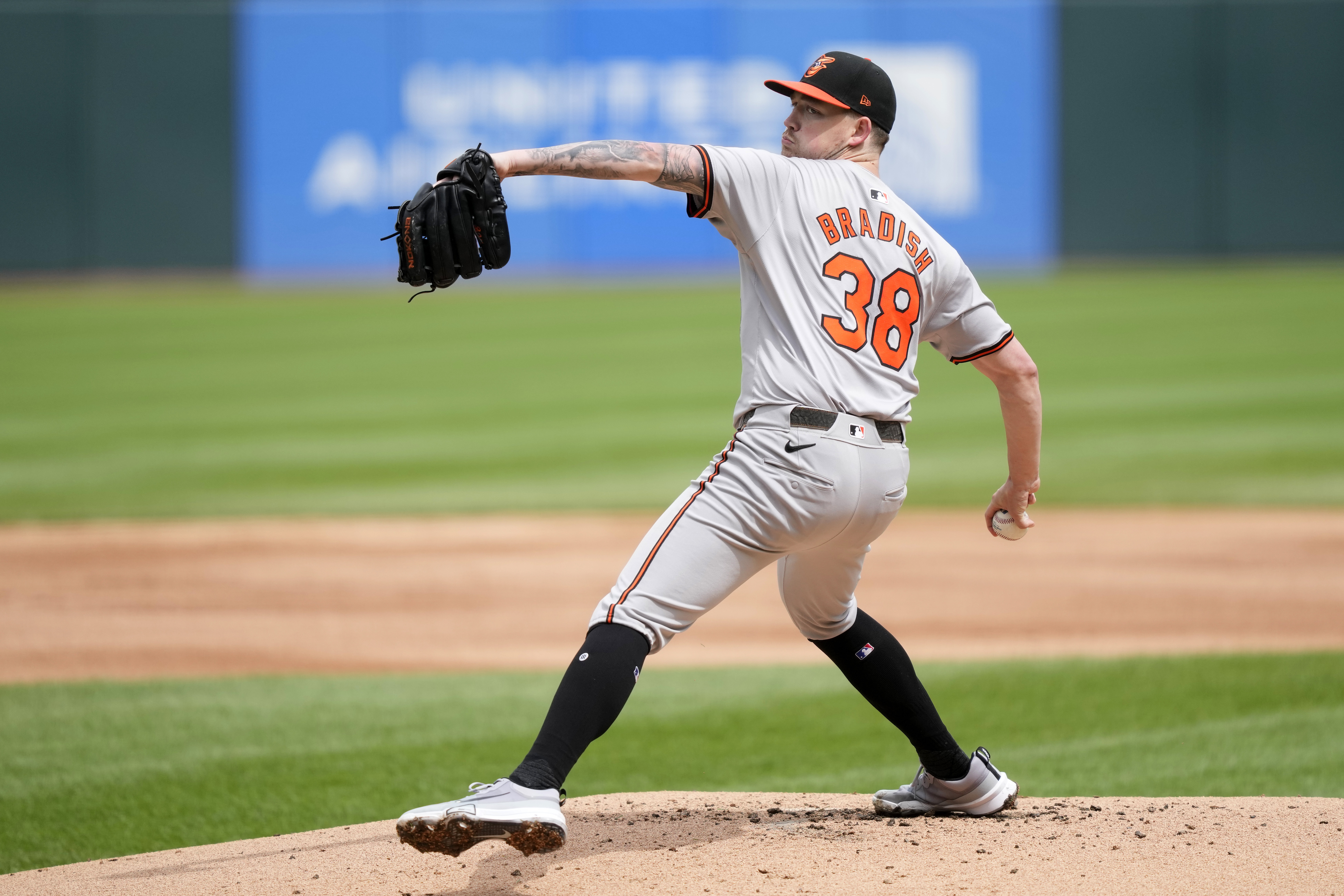 Baltimore Orioles starting pitcher Kyle Bradish delivers during the first inning of a baseball game against the Chicago White Sox on Sunday, May 26, 2024, in Chicago. 