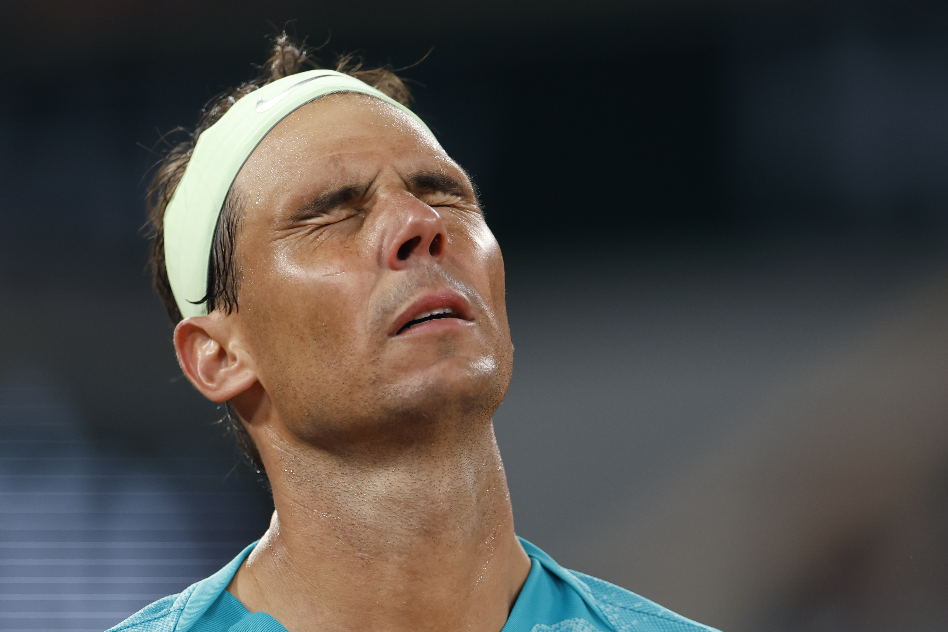 Spain's Rafael Nadal reacts as he plays against Germany's Alexander Zverev during their first round match of the French Open tennis tournament at the Roland Garros stadium in Paris, Monday, May 27, 2024.