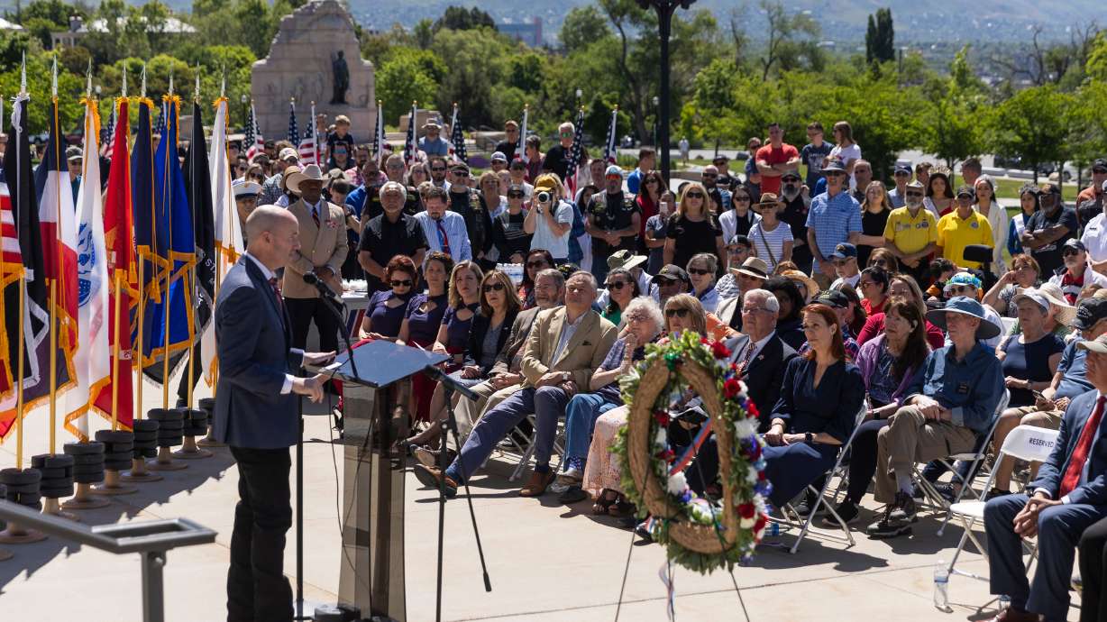 Gov. Spencer Cox gives remarks during a Memorial Day commemoration at the Utah Capitol in Salt Lake City on Monday.