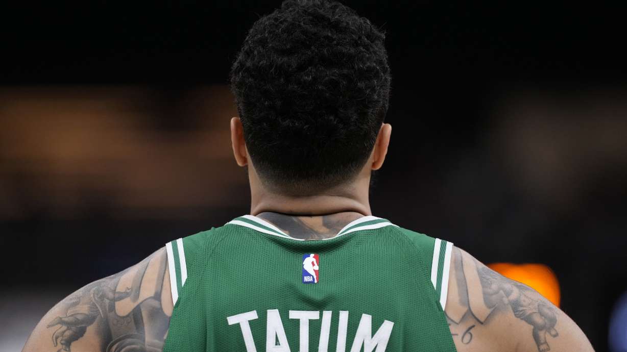 Boston Celtics forward Jayson Tatum stands on the court during the first half of Game 4 of the NBA Eastern Conference basketball finals against the Indiana Pacers, Monday, May 27, 2024, in Indianapolis.