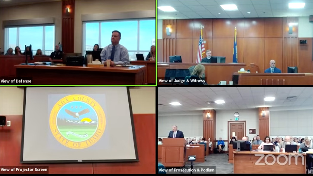 Cameras show four angles of the Ada County courtroom in Boise on Tuesday during Chad Daybell's murder trial. Jurors were excused after only a few hours of rebuttal witnesses, and closing arguments are expected to begin Wednesday.