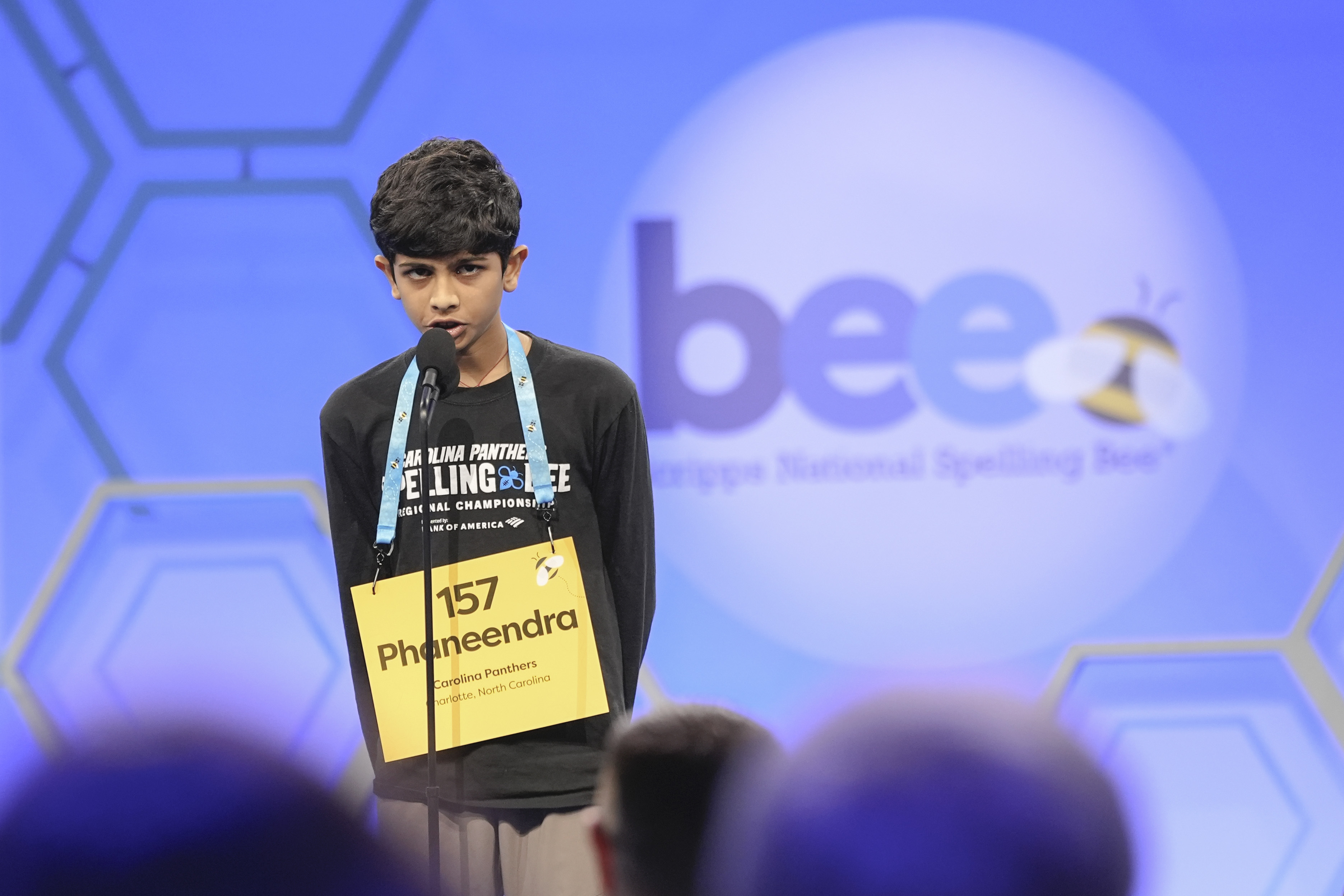 Phaneendra Bulusu, 13, of Concord, N.C., participates in the competition during the Scripps National Spelling Bee, in Oxon Hill, Md., Tuesday.