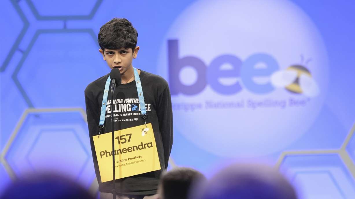 Phaneendra Bulusu, 13, of Concord, N.C., participates in the competition during the Scripps National Spelling Bee, in Oxon Hill, Md., Tuesday.