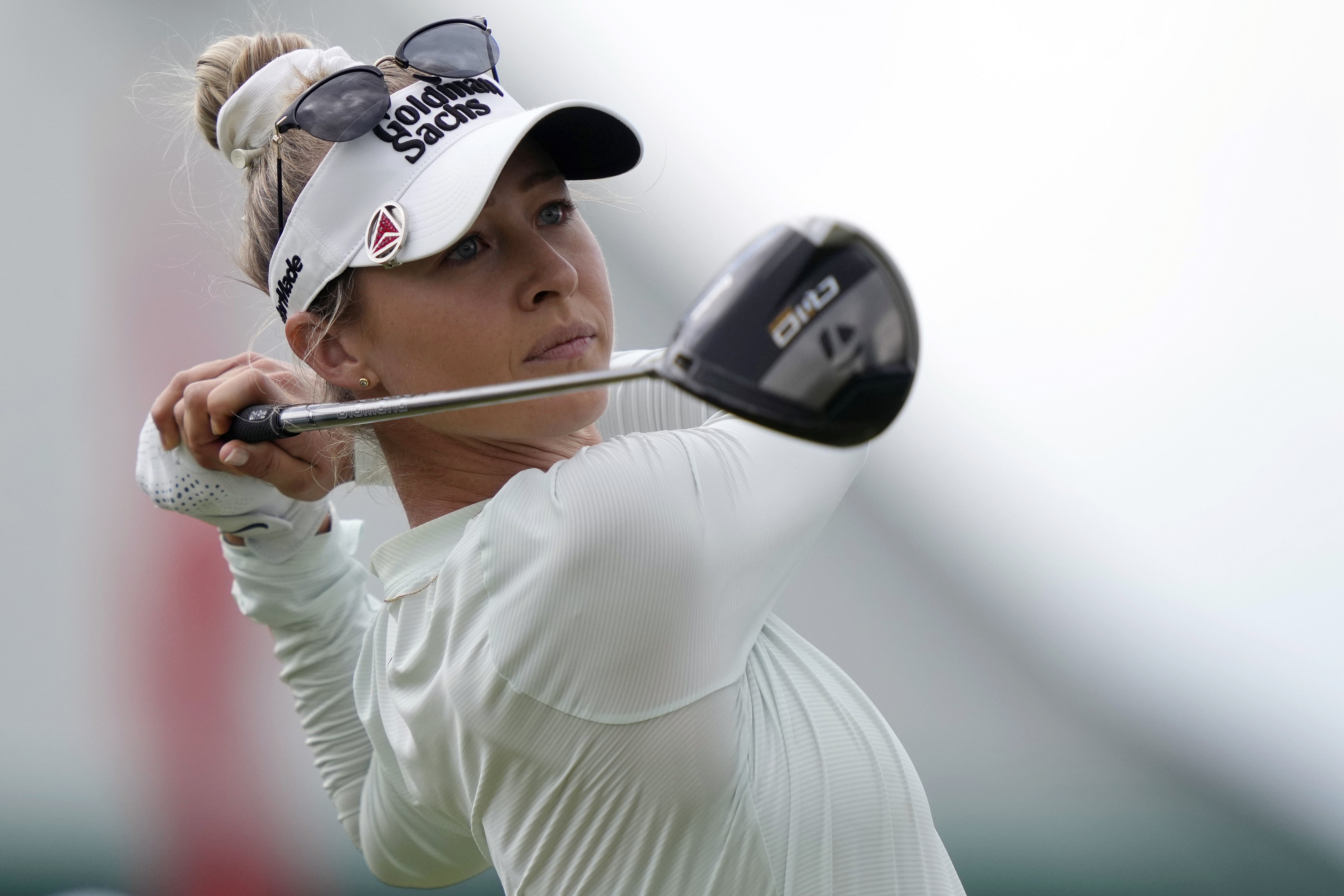 Nelly Korda watches her shot on the first hole during a practice round for the U.S. Women's Open golf tournament at Lancaster Country Club, Tuesday, May 28, 2024, in Lancaster, Pa.