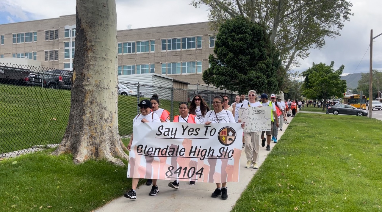 Students, parents and community members walked about 5 miles from East High School to Glendale Middle School to demonstrate support for a high school in Glendale in Salt Lake City on Tuesday.