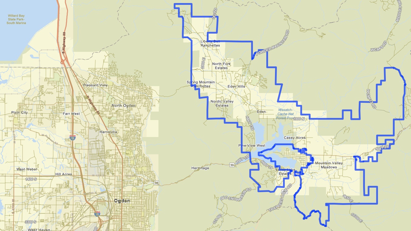 The area outlined in blue shows the boundaries of the proposed Weber County city in the Ogden Valley sought by some residents in the zone. A hearing on the proposal is set for Monday, June 3.