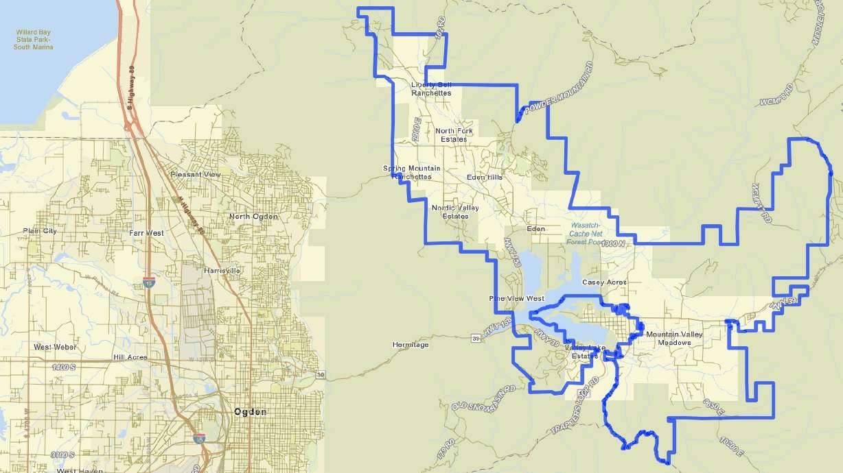 The area outlined in blue shows the boundaries of the proposed Weber County city in the Ogden Valley sought by some residents in the zone. A hearing on the proposal is set for Monday, June 3.