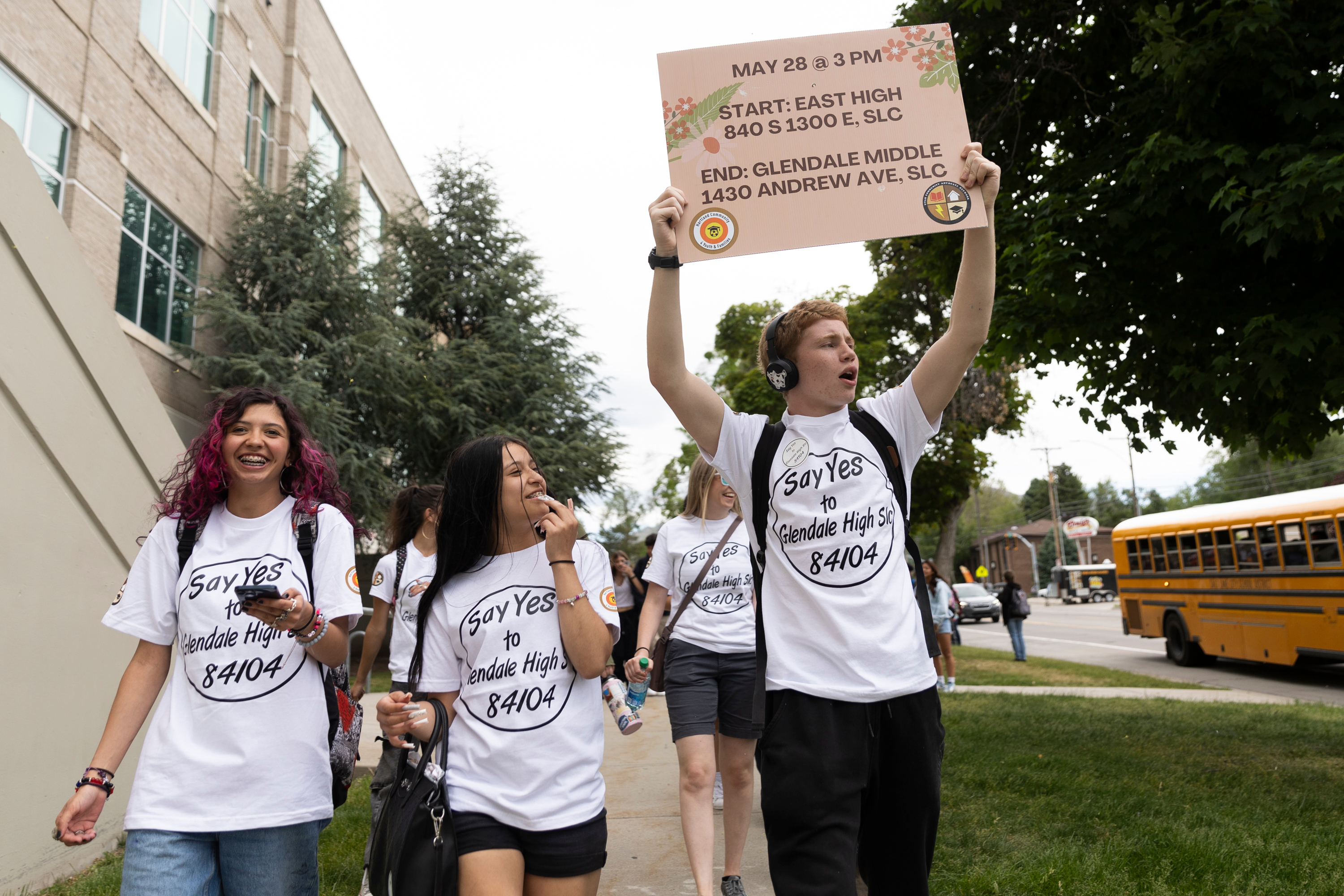 Students, parents and community members walked about 5 miles from East High School to Glendale Middle School to demonstrate support for a high school in Glendale in Salt Lake City on Tuesday.