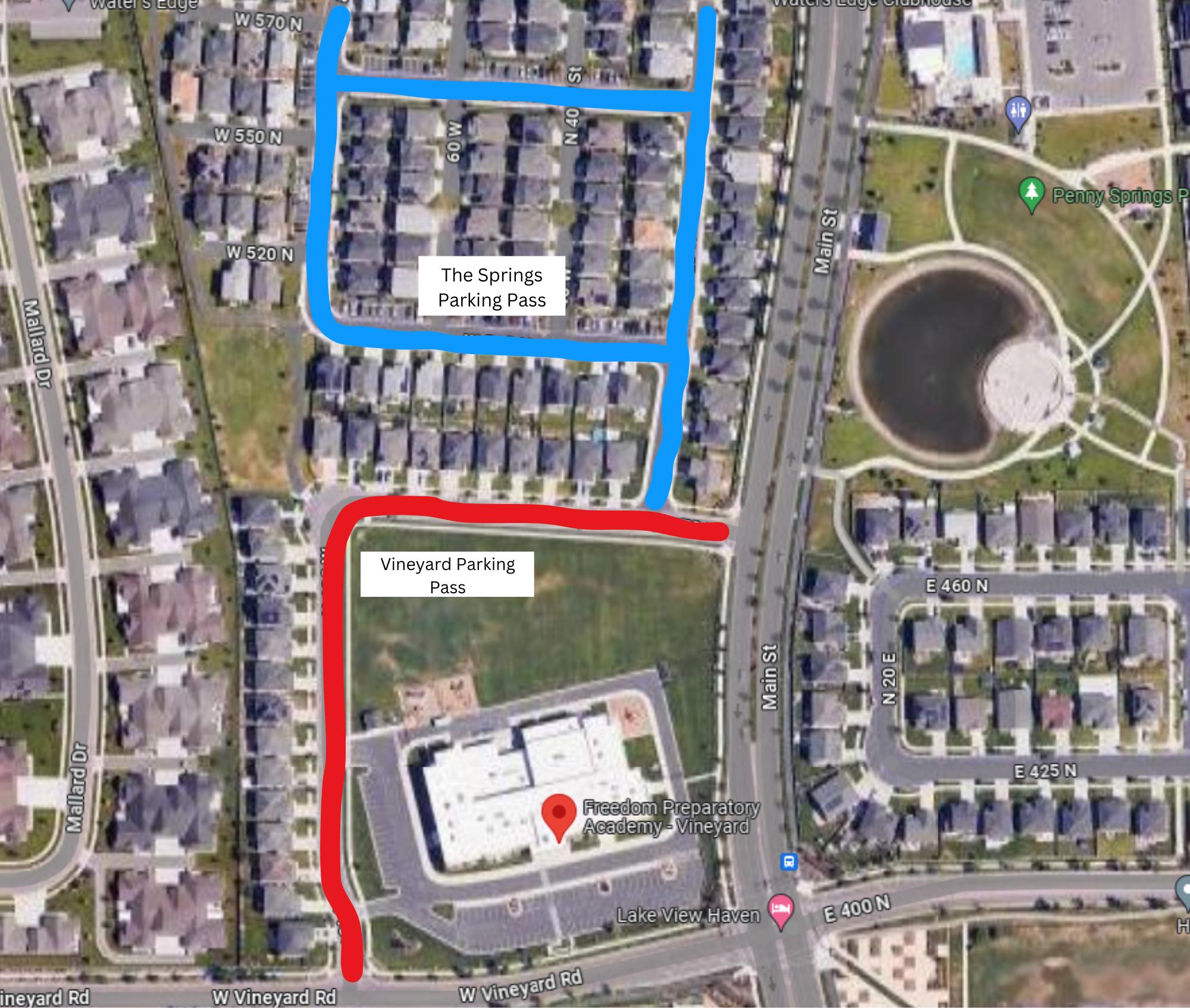 The City of Vineyard sent the KSL Investigators this map showing the streets highlighted in blue require permits for street parking. Streets in red have parking enforcement between 1 a.m. and 5 a.m. for non-permit holders. The two signs marking these areas were on the same signpost.