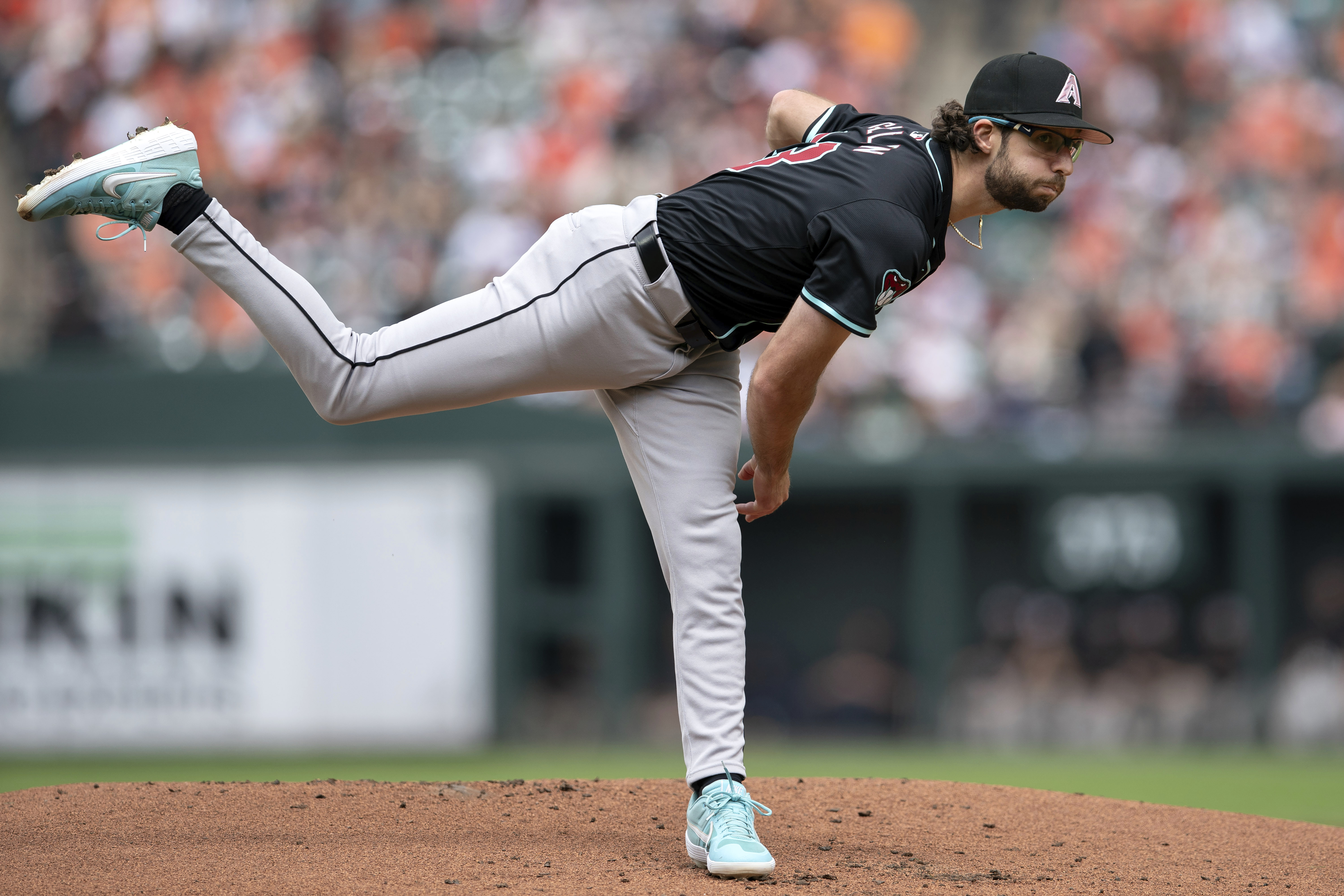 Arizona Diamondbacks starting pitcher Zac Gallen throws during the first inning of a baseball game against the Baltimore Orioles, Sunday, May 12, 2024, in Baltimore. 