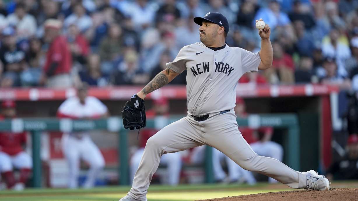 New York Yankees starting pitcher Nestor Cortes throws during the first inning of a baseball game against the Los Angeles Angels, Tuesday, May 28, 2024, in Anaheim, Calif.