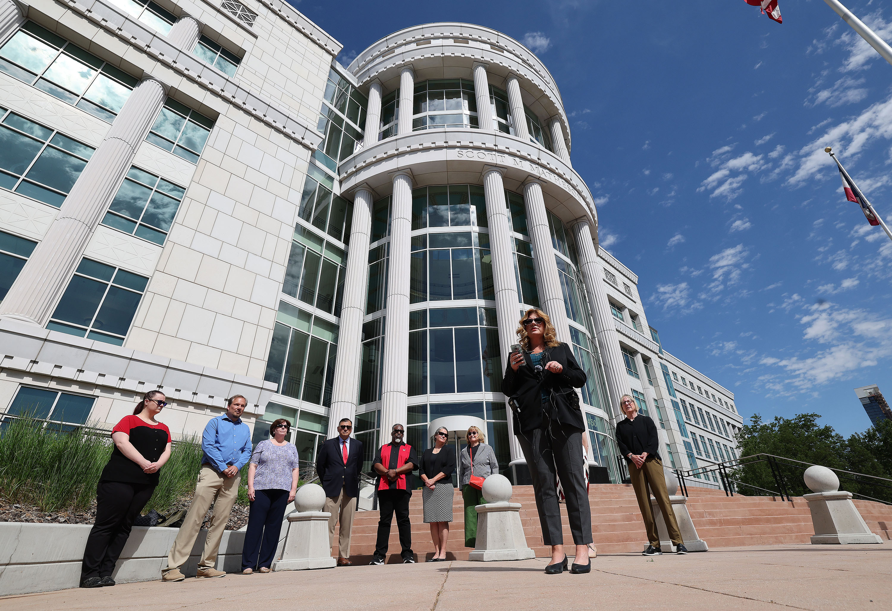 Utah Education Association President Renée Pinkney speaks at a press conference near the Matheson Courthouse in Salt Lake City on Wednesday. The UEA has filed a lawsuit over the state's voucher program.