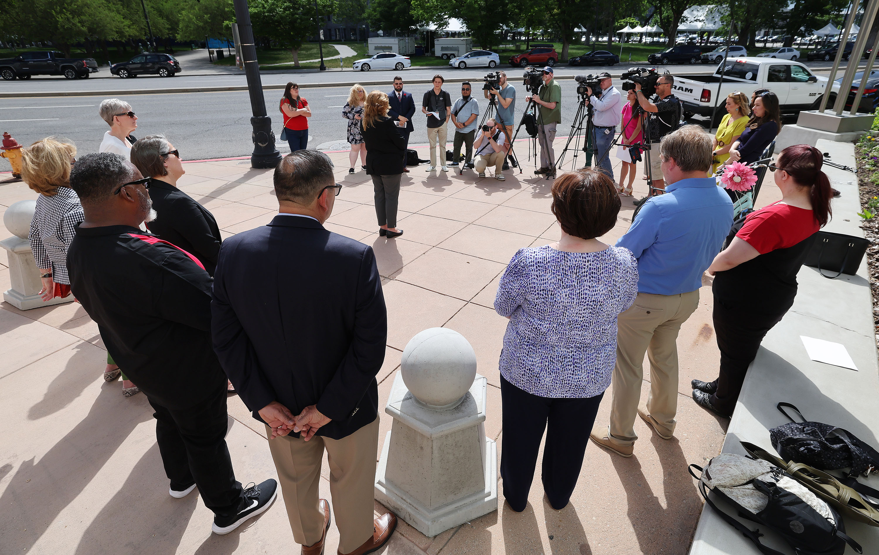 Utah Education Association President Renée Pinkney speaks at a press conference near the Matheson Courthouse in Salt Lake City on Wednesday. The UEA has filed a lawsuit over the state's voucher program.