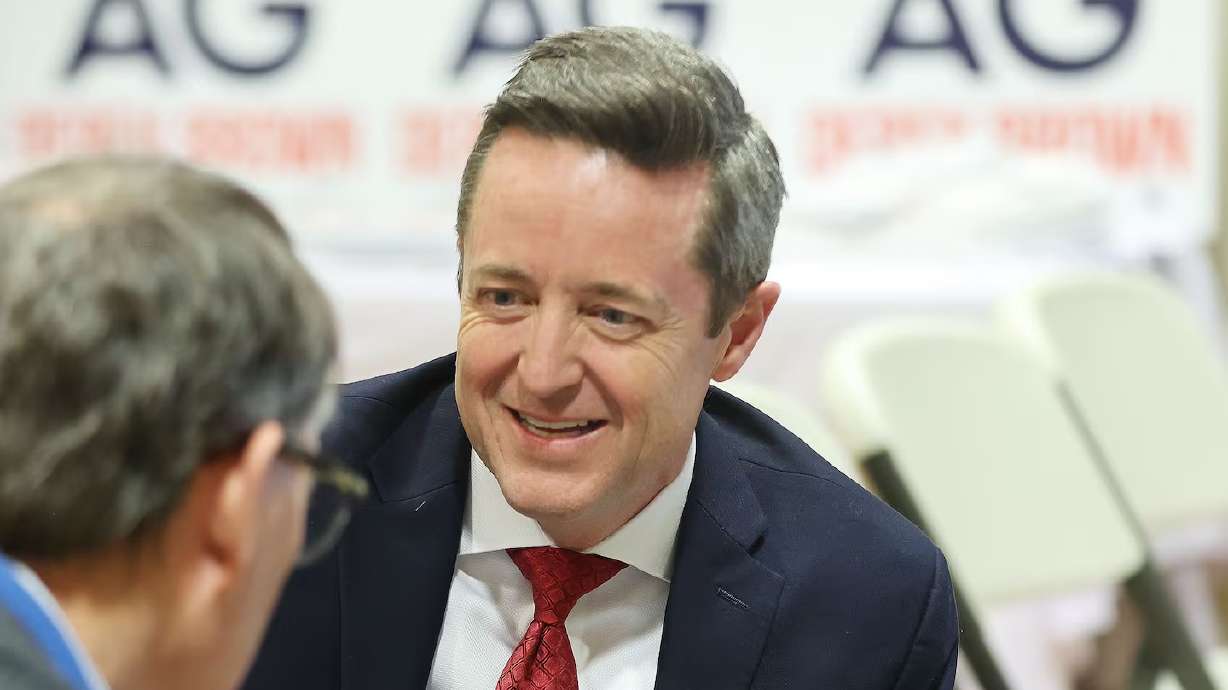 Republican Utah attorney general candidate Derek Brown speaks to attendees at the Holladay City Hall in Holladay on April 4.