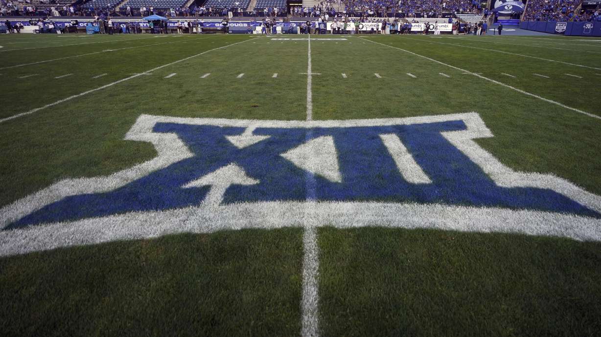 The logo for the Big 12 Conference has been applied to the field for an NCAA college football game between Sam Houston State and BYU on Saturday, Sept. 2, 2023, in Provo, Utah.
