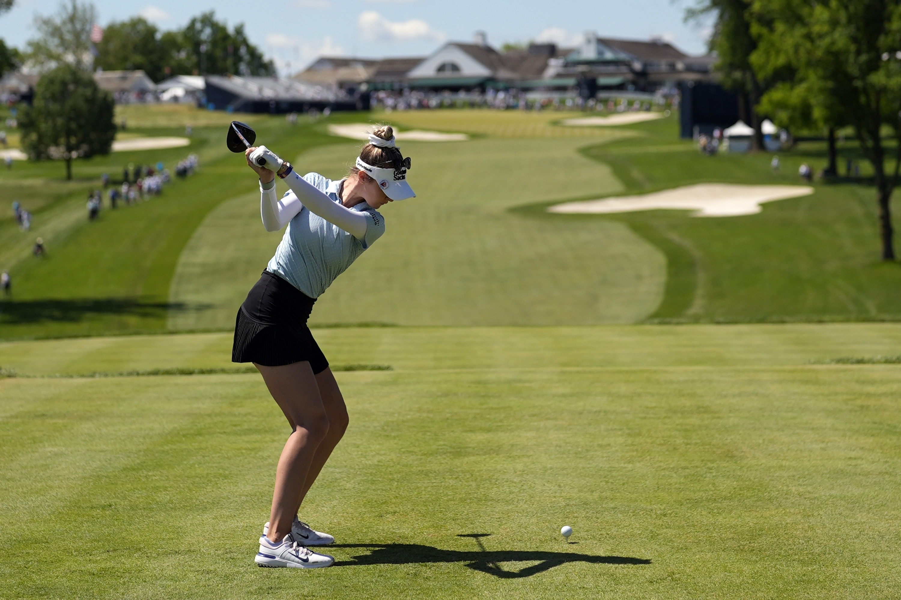 Nelly Korda hits her tee shot on the 18th hole during a practice round for the U.S. Women's Open golf tournament at Lancaster Country Club, Wednesday, May 29, 2024, in Lancaster, Pa. 