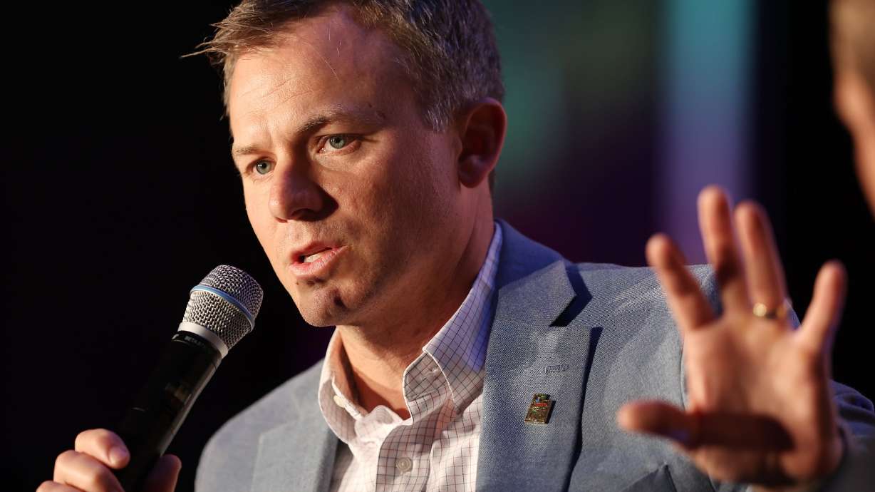 Rep. Blake Moore, of Utah’s 1st District, speaks while joining Benji Backer at American Conservation Coalition's summit at the Marriott City Center in Salt Lake City on June 16, 2023. Moore wants fellow Republicans to end their civil war over annual spending bills and unify.