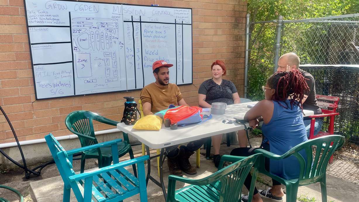 Grow Ogden trainees and managers pictured at the program site on Wednesday. From left, trainees Isaiah Flax and Marissa Prims and Grow Ogden employees Chance Petit and Rick Brower.