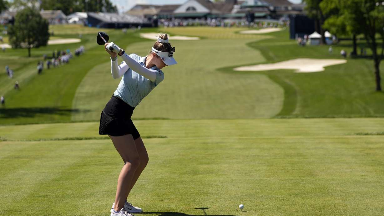 Nelly Korda hits her tee shot on the 18th hole during a practice round for the U.S. Women's Open golf tournament at Lancaster Country Club, Wednesday, May 29, 2024, in Lancaster, Pa.