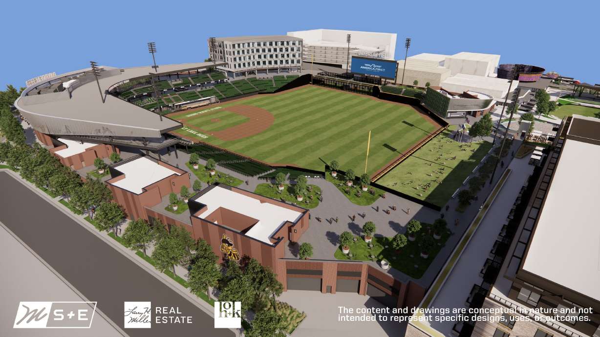 A rendering of the new Daybreak Field that Miller Sports and Entertainment released on Thursday. The stadium will seat up to 8,000 fans when it opens in 2025, according to the Salt Lake Bees' parent owner.