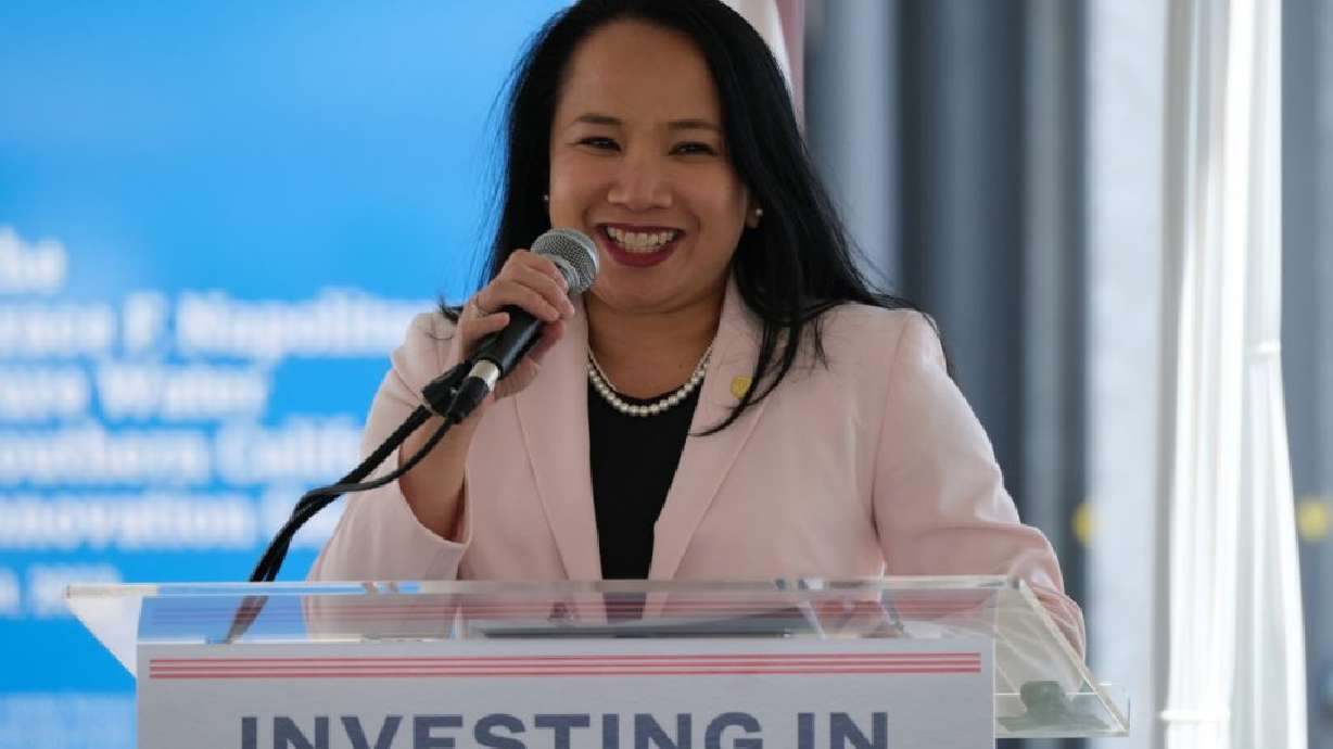 Bureau of Reclamation Commissioner Camille Calimlim Touton announces $179 million in federal grants being applied to water reuse projects in California and Utah, in Los Angeles, California Tuesday. Washington County will receive $20.5M for a regional water reuse project.