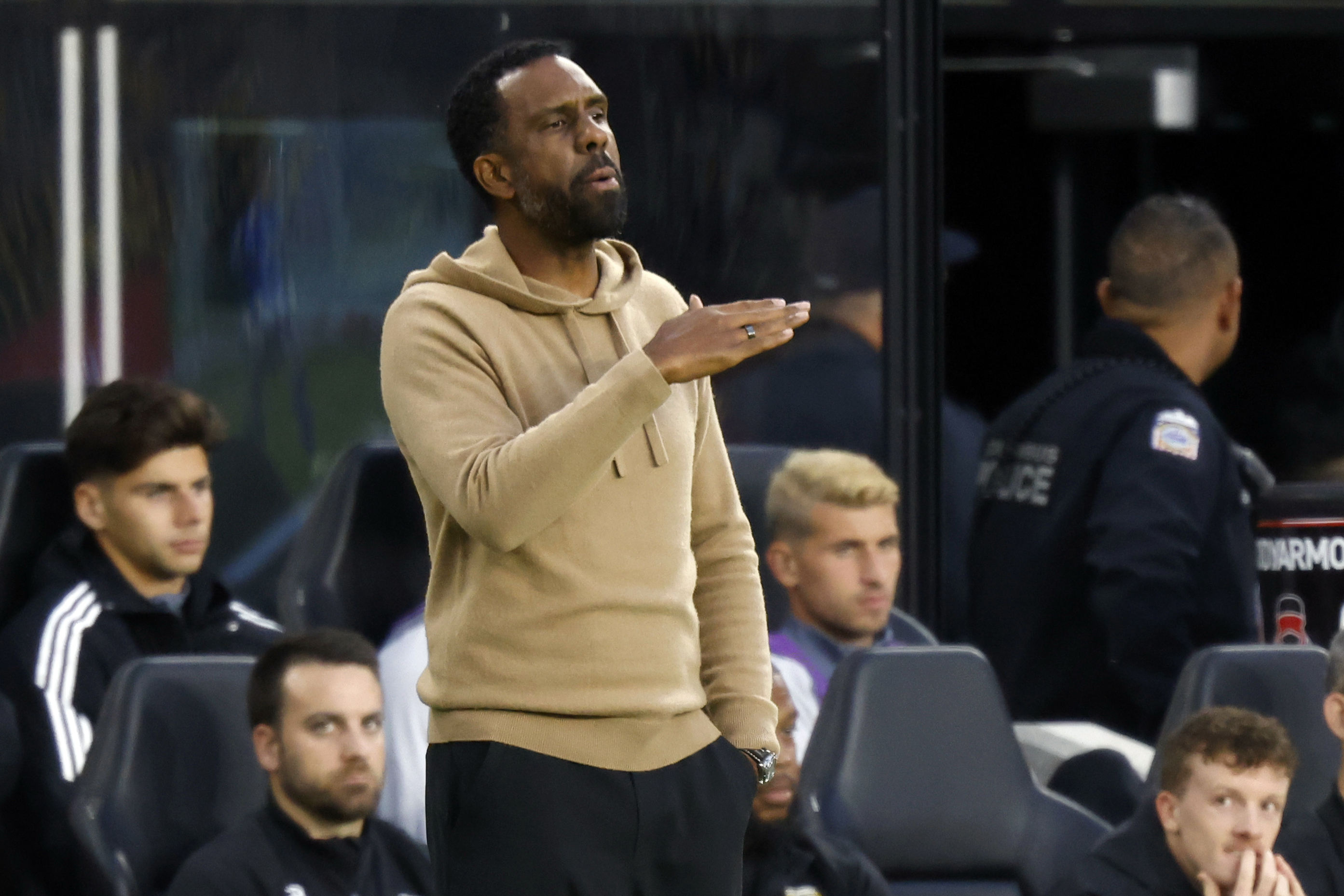 FILE- Columbus Crew coach Wilfried Nancy directs his team against CF Montreal during the first half of an MLS soccer match in Columbus, Ohio, Saturday, Oct. 21, 2023. Last season, Nancy's first with the Crew, he led the team to the MLS Cup championship. The 47-year-old Frenchman was the first Black coach to win it. On Saturday, the Crew will vie for another trophy in the CONCACAF Champions Cup final against Pachuca in Mexico. 