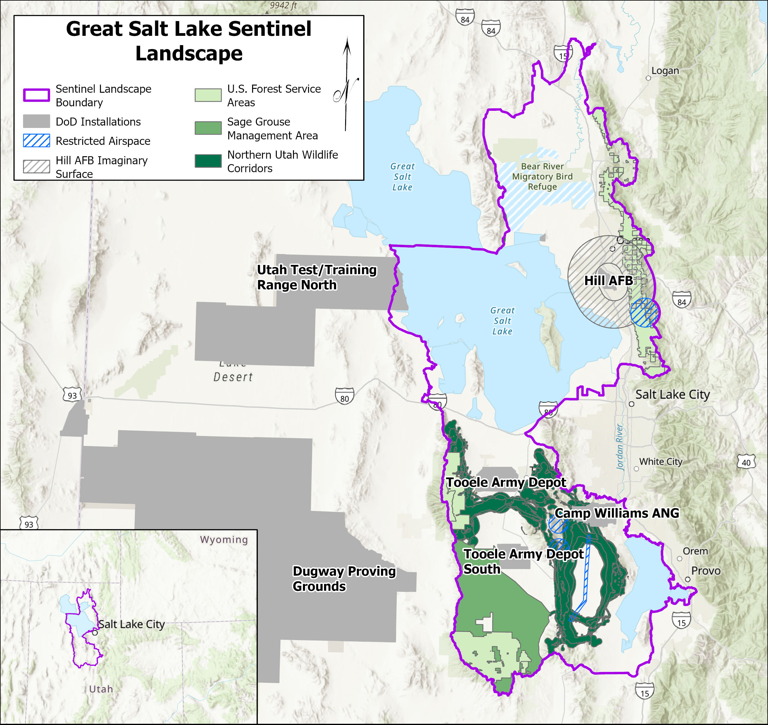 The Great Salt Lake Sentinel Landscape borders, along with the major military installations in northern Utah.