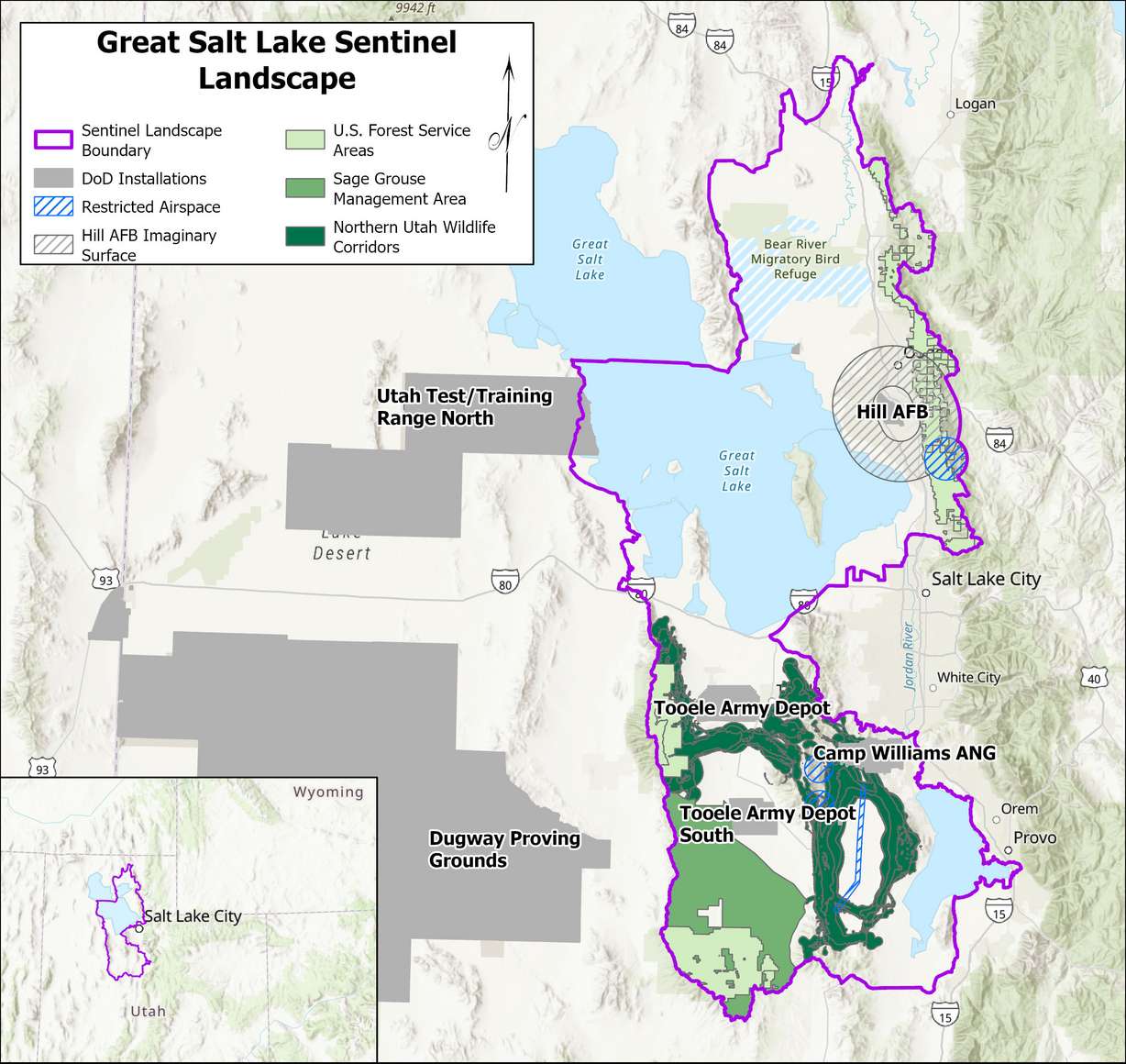 The Great Salt Lake Sentinel Landscape borders, along with the major military installations in northern Utah.