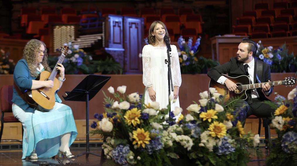 Sophia Andrade performs "When The Savior Comes Again" in Portuguese at the Salt Lake Tabernacle on Thursday. The song, along with 12 others, is now available in four languages.