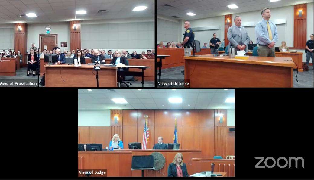 Zoom shows three separate views of a Boise courtroom Chad Daybell listens to the verdict being read on Thursday. Daybell was found guilty of all counts, including three counts of first-degree murder in the deaths of his wife and two children.