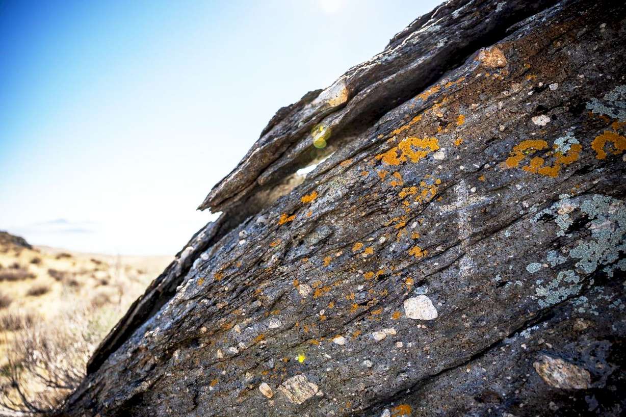 An undated photo of the cross that Christoper "Kit" Carson left on a rock on Fremont Island in 1843. It was added to the National Register of Historic Places in 2024.
