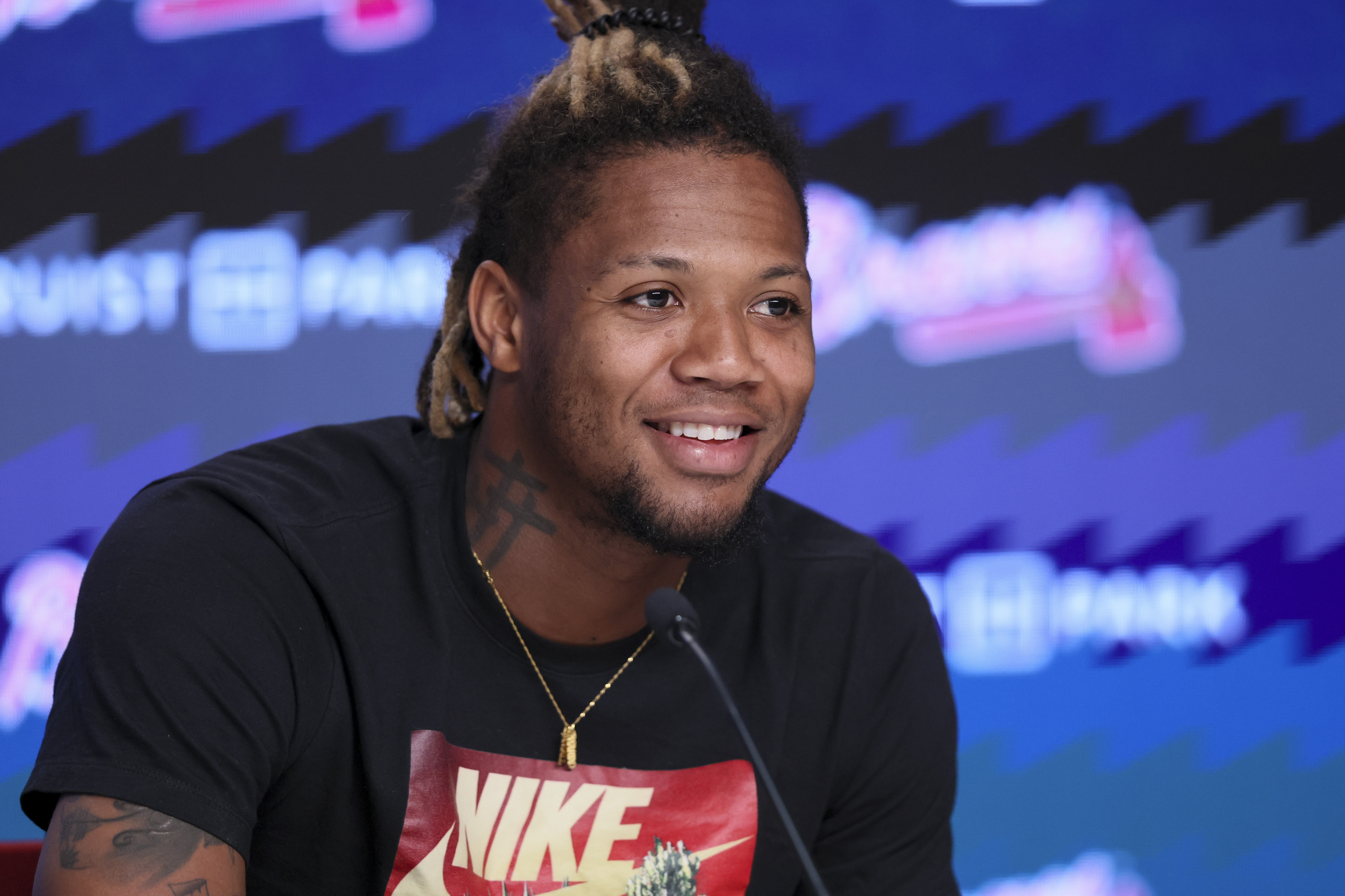 Atlanta Braves right fielder Ronald Acuña speaks to members of the media before a baseball game against the Washington Nationals at Truist Park, Thursday, May 30, 2024, in Atlanta. Acuña suffered a torn ACL in his left knee during Sunday's game against the Pittsburgh Pirates in Pittsburgh. He will undergo season-ending surgery. 