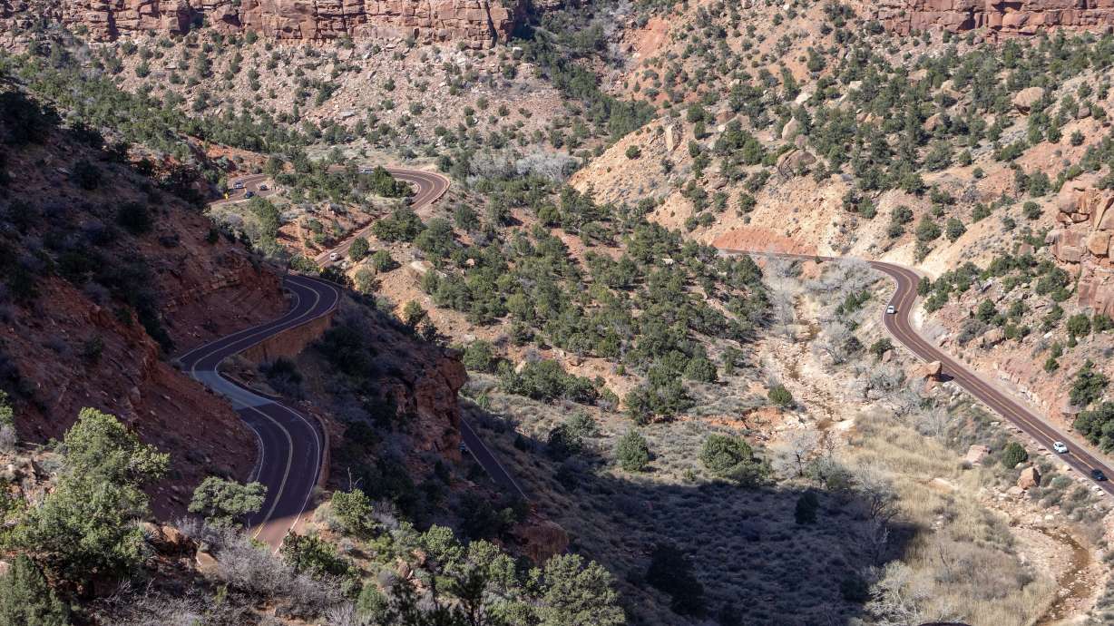 A view of the Zion-Mount Carmel Highway from the Canyon Overlook Trail in Zion National Park. Beginning in mid-2026, larger vehicles will be rerouted off the scenic highway amid traffic safety concerns.