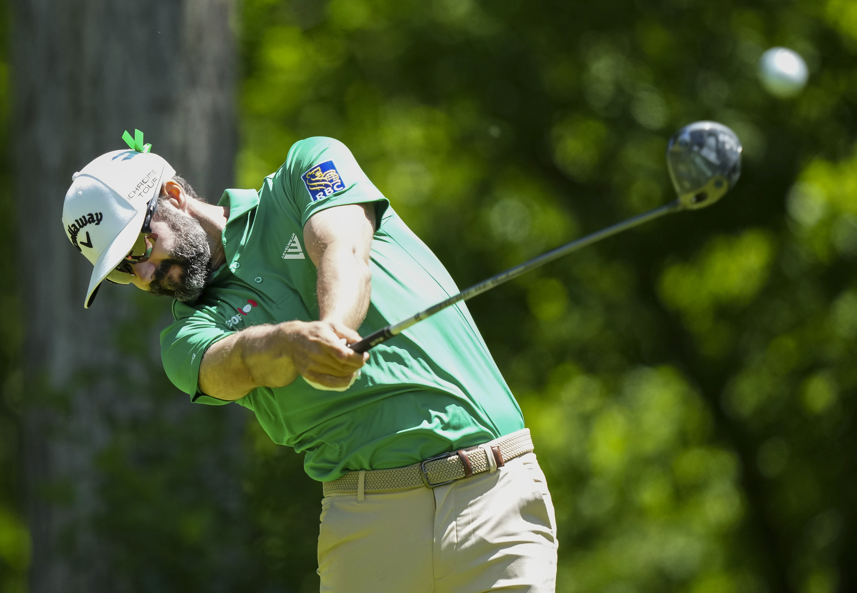 Adam Hadwin tees off on the seventh hole during the first round of Canadian Open golf tournament in Hamilton, Ontario, Thursday, May 30, 2024. 
