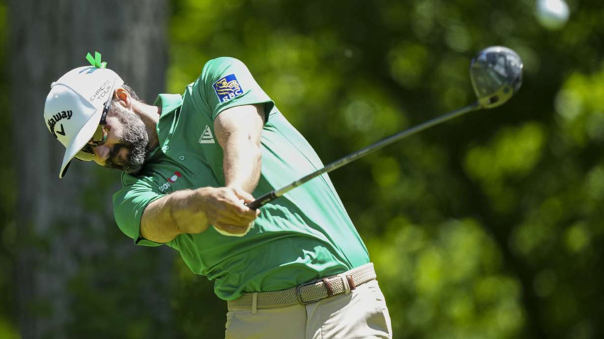 Adam Hadwin tees off on the seventh hole during the first round of Canadian Open golf tournament in Hamilton, Ontario, Thursday, May 30, 2024.