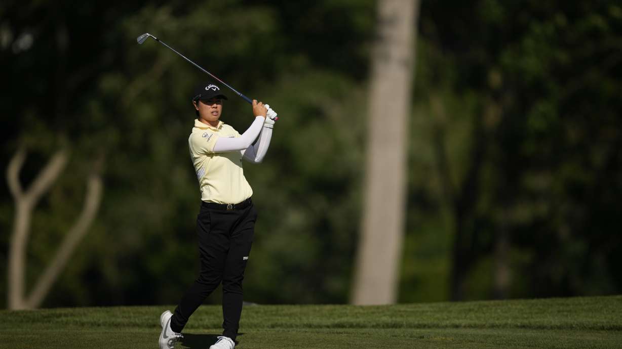 Yuka Saso, of Japan, hits from the fairway on the ninth hole during the first round of the U.S. Women's Open golf tournament at Lancaster Country Club, Thursday, May 30, 2024, in Lancaster, Pa.