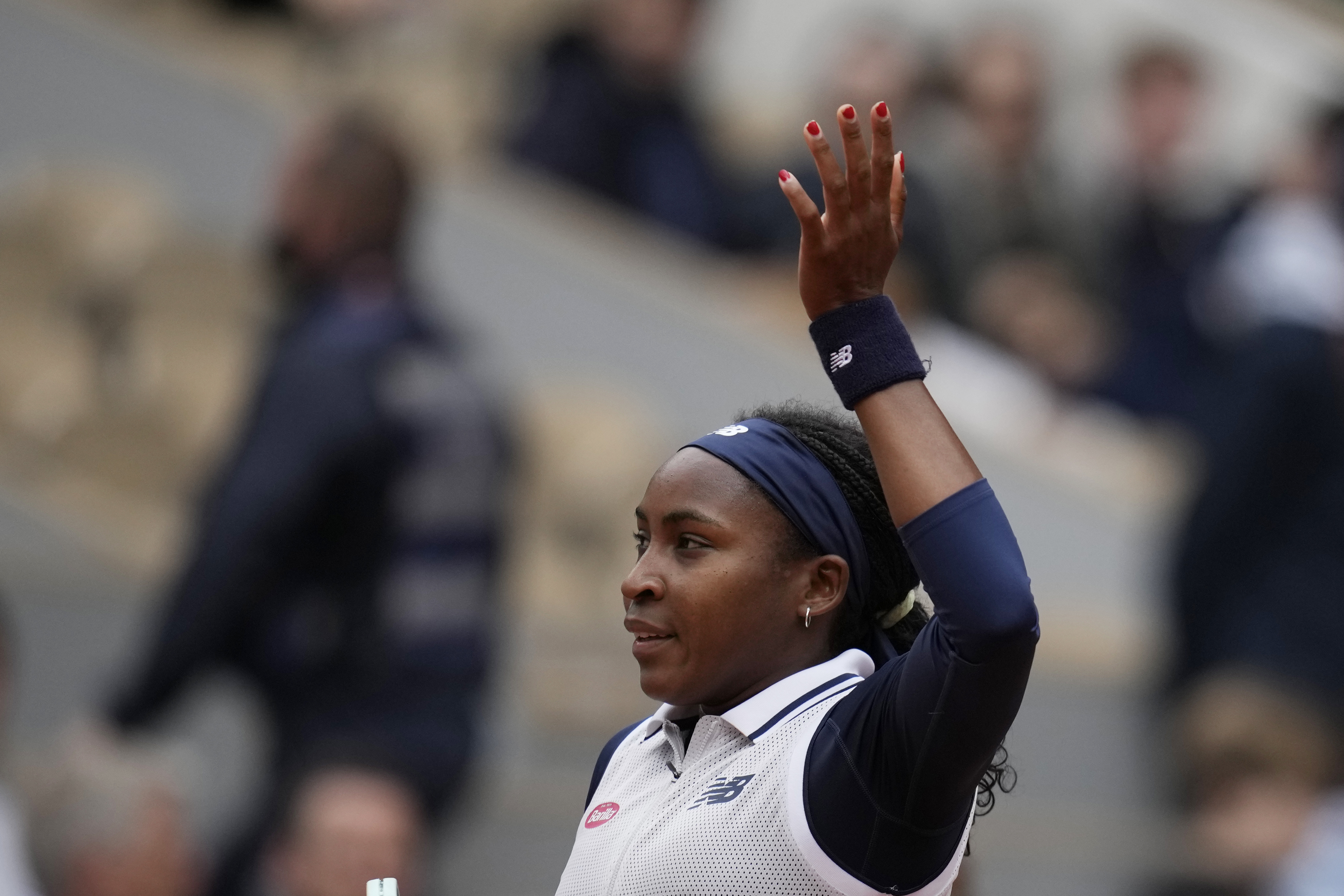 Coco Gauff of the U.S. celebrates after her their third round match of the French Open tennis tournament against Ukraine's Dayana Yastremska at the Roland Garros stadium in Paris, Friday, May 31, 2024. 