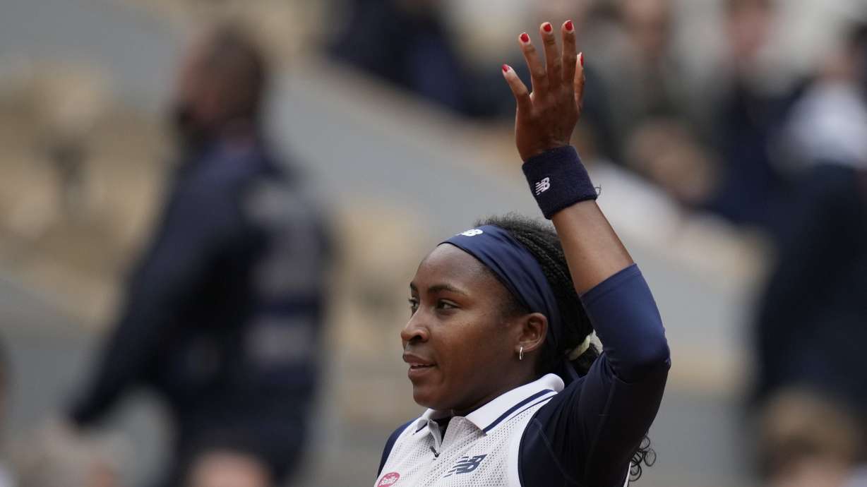 Coco Gauff of the U.S. celebrates after her their third round match of the French Open tennis tournament against Ukraine's Dayana Yastremska at the Roland Garros stadium in Paris, Friday, May 31, 2024.
