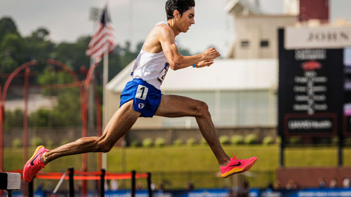 BYU's James Corrigan runs the 3,000-meter steeplechase at the NCAA West preliminaries in Fayetteville, Arkansas, May 24, 2024.