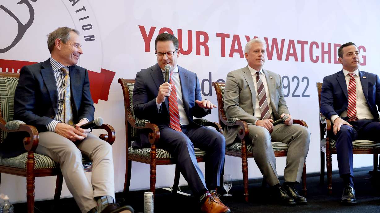 U.S. Senate candidates John Curtis, Brad Wilson, Jason Walton and Trent Staggs speak in Salt Lake City on May 10. The four candidates debated one another Monday night.