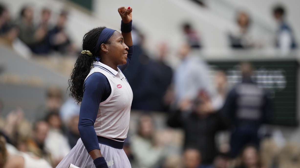 Coco Gauff of the U.S. celebrates after her their third round match of the French Open tennis tournament against Ukraine's Dayana Yastremska at the Roland Garros stadium in Paris, Friday, May 31, 2024.