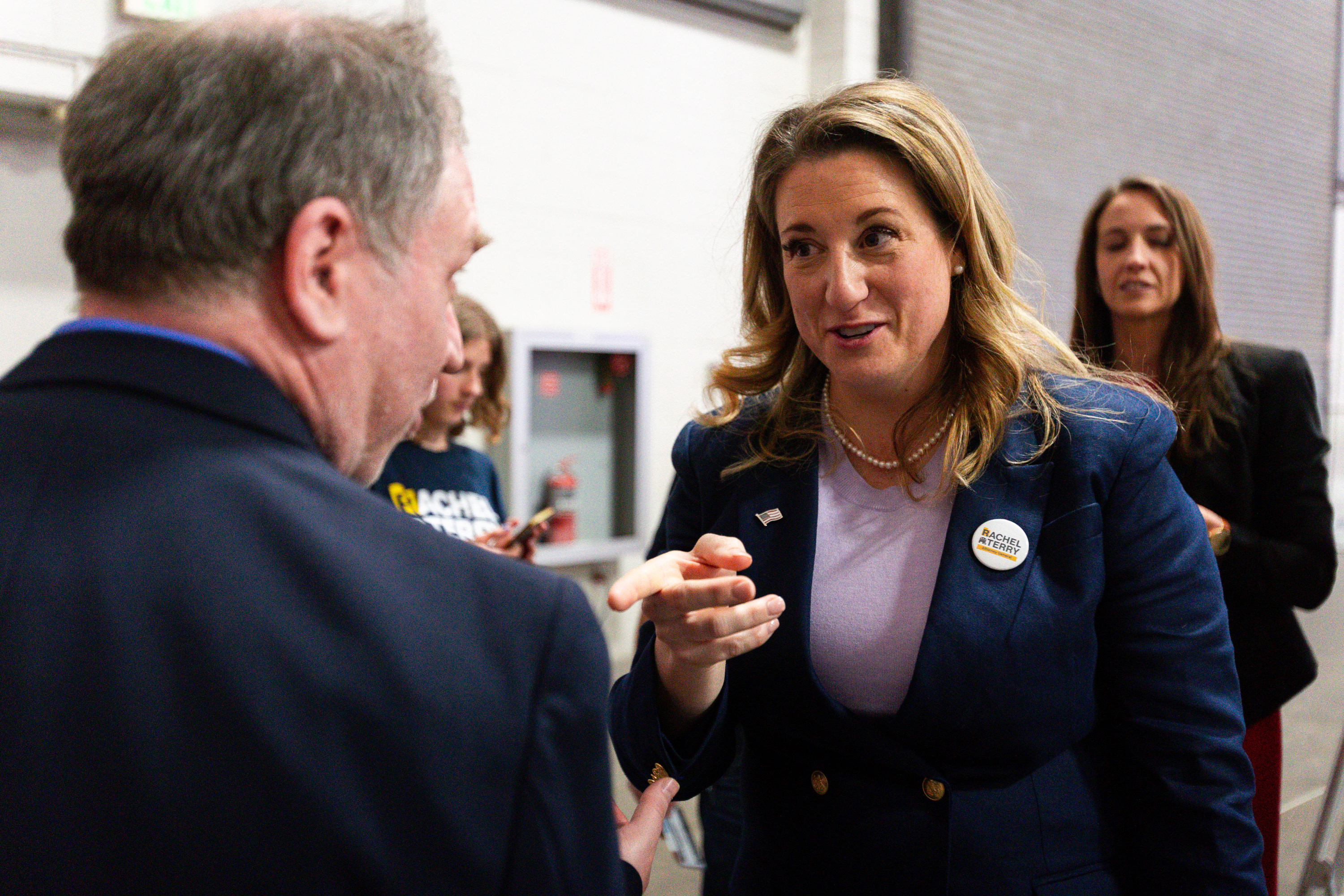 Rachel Terry reacts after the attorney general race in which Frank Demcy Mylar won 59.76% of the votes and Terry won 40.24% of the votes, meaning they will both advance to the primary ballot, at the Utah Republican Party state nominating convention at the Salt Palace Convention Center in Salt Lake City on April 27.